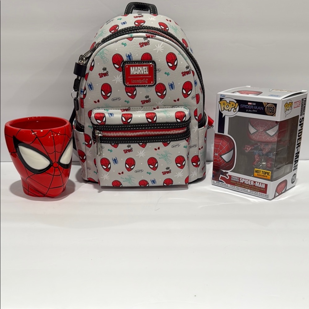 Loungefly Spider-Man Mini Backpack,Cup and Funko Pop #1158 Spider-Man Exclusive